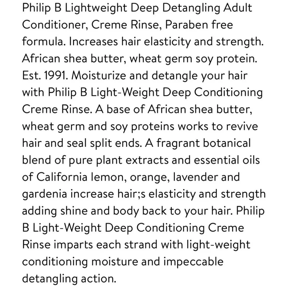 PHILIP B Lightweight Deep Conditioner 6oz Hydrating Detangler Hair Care All Type